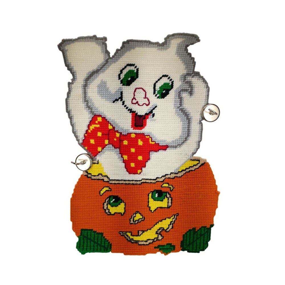 VTG Halloween Plastic Needlepoint Ghost JOL Canvas Wall Hanging Decoration